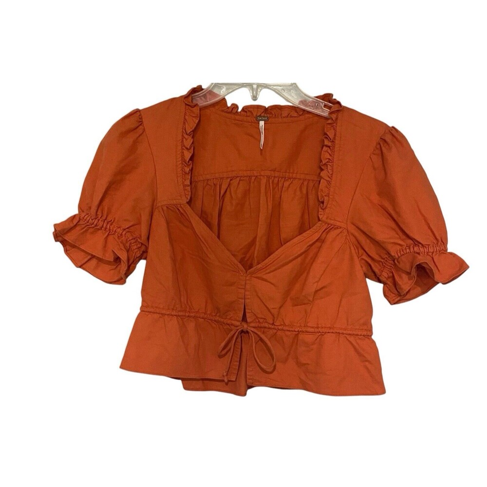 Free people Pullover Orange crop top Ruffled Sleeve Boho Size XS